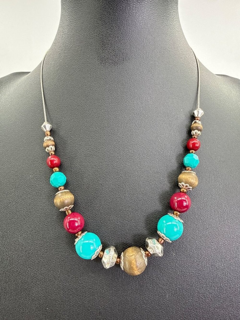 Modular Malibu Multi Bead Statement Necklace Faux Turquoise Red Wood Western
